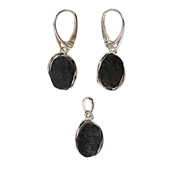 Komplet (wisiorek, kolczyki) biżuterii z Czarnymi Turmalinami, Szerl, srebro